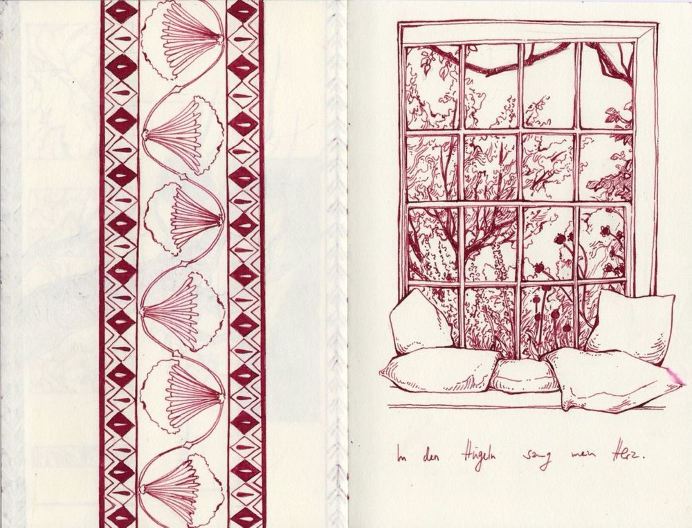 sketchbook page with drawings of patterns and a view outsidea window.