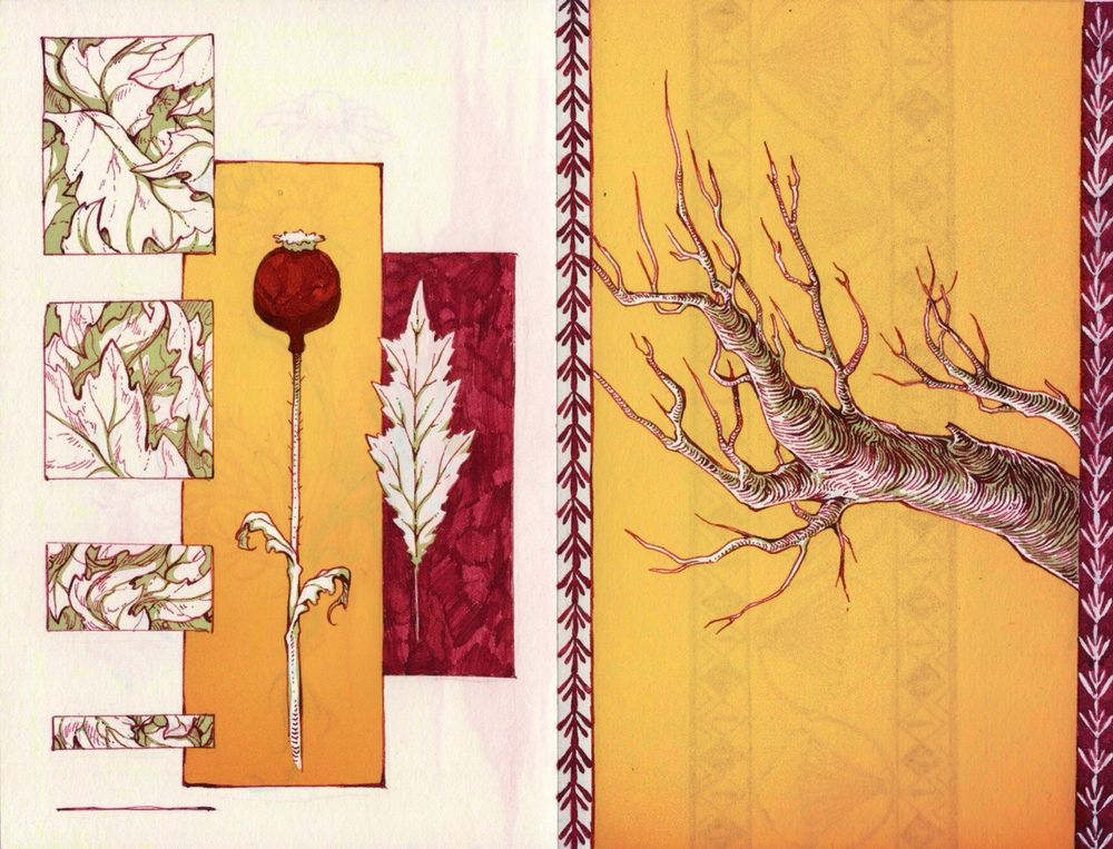 sketchbook page with drawings of plants and a tree. edited with some colours.