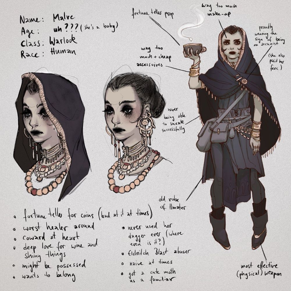 Characterillustration and notes of a human warlock with a wacky fortuneteller theme