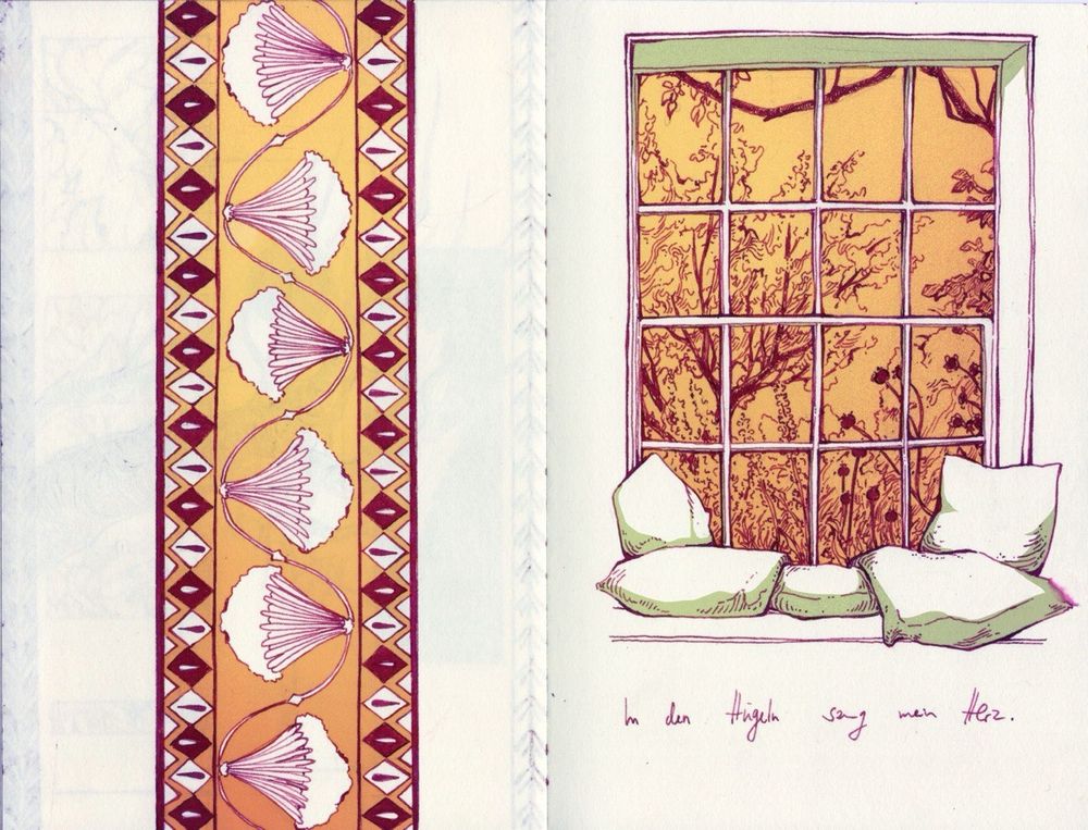 sketchbook page with drawings of patterns and a view outsidea window. edited with some colours.