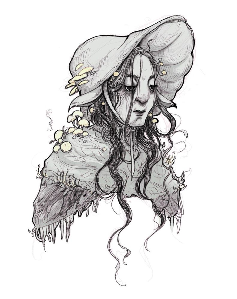 Sketch of a Firbolg Druid of the Circle of Spores. She likes mushrooms which is very relatable.