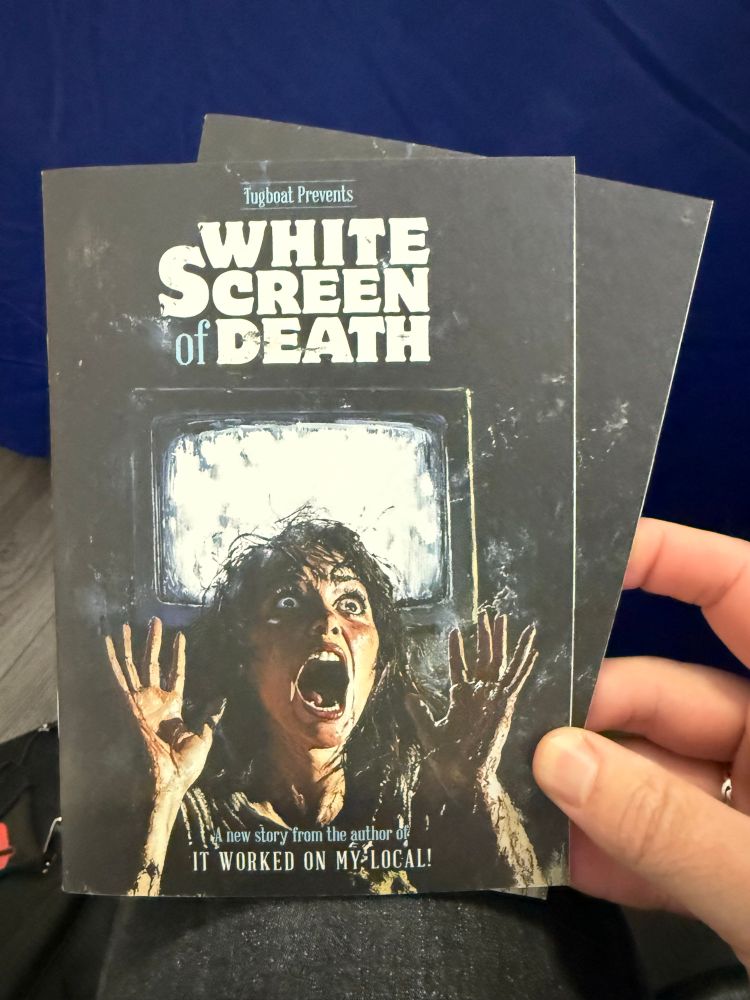 A notebook styled like a horror movie poster with the title WHITE SCREEN OF DEATH. The image shows a television with a white screen and a screaming woman in the foreground 