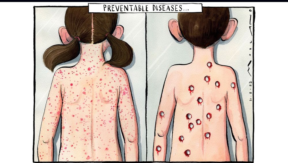Picture of two children. One with measles spots and the others with gunshot wounds. 