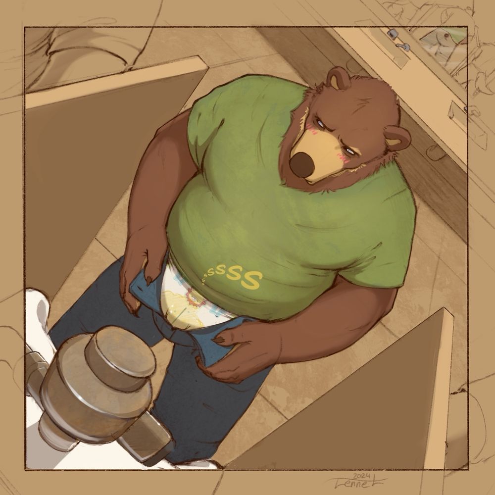 Blushing bear wearing a green shirt and jeans at a urinal relieving himself in his diaper. His jeans are unbuttoned, diaper exposed, worryingly looking to his right hoping that no one at the other urinal stalls notice him doing what he’s doing.