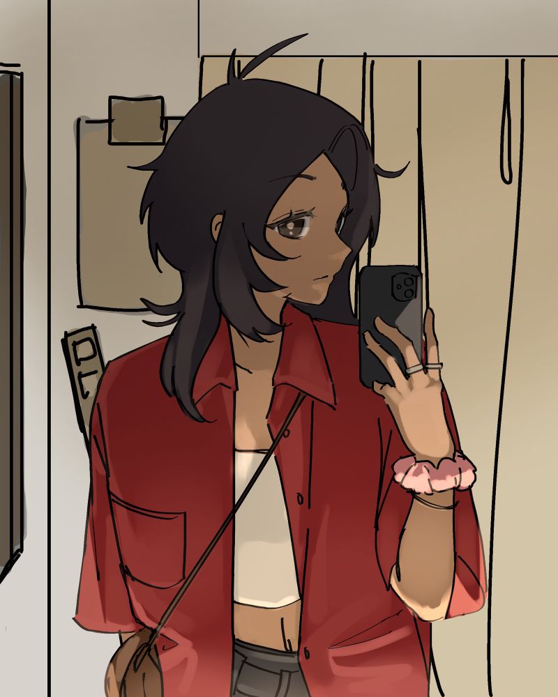 a digital art of a mirror selfie of a girl with black hair wearing a red opened button up, a white croptop under, and dark jeans with a brown bag swung over her
