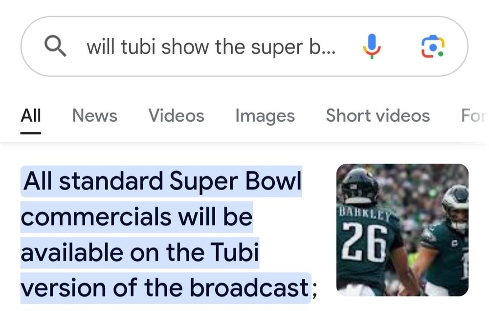 screenshot of a Google search asking if Tubi will show the super bowl commercials. The answer: yes, all standard super bowl commercials will be available on the Tubi broadcast.
