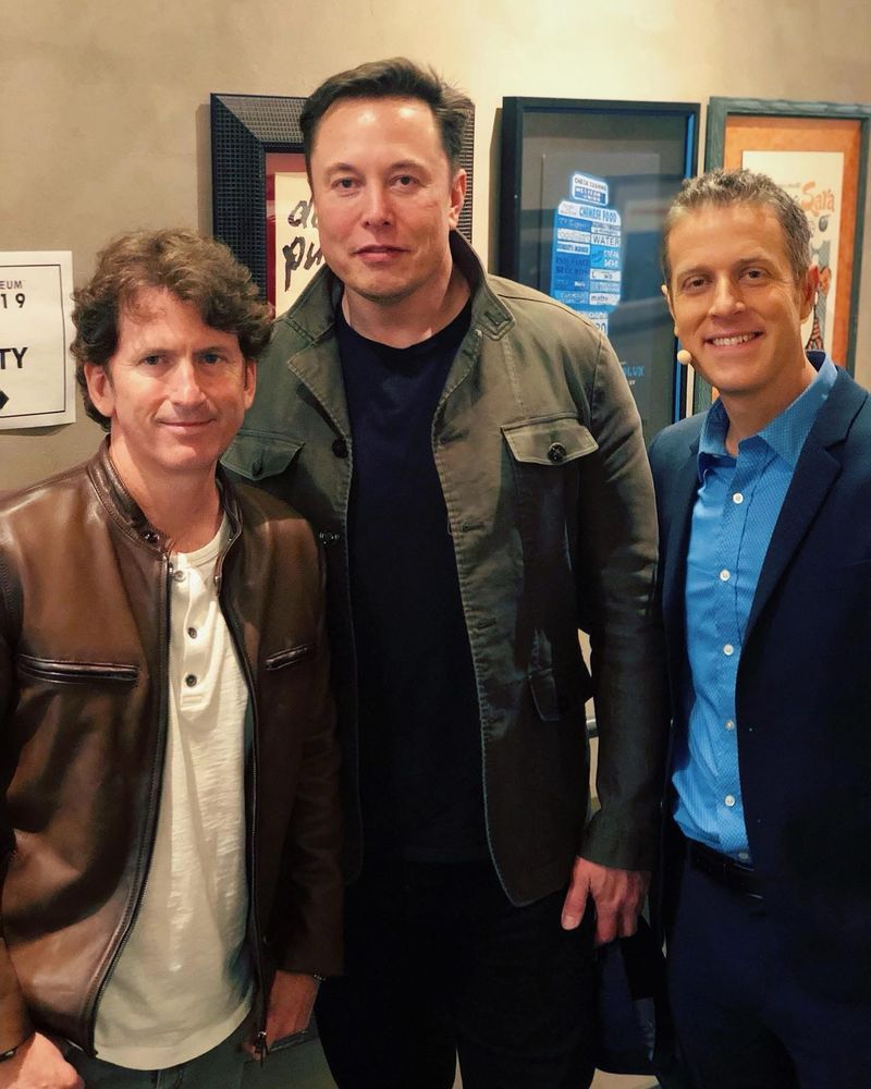 Todd Howard, Elon Musk, and Geoff Keighley following the 2019 E3 Coliseum panel.