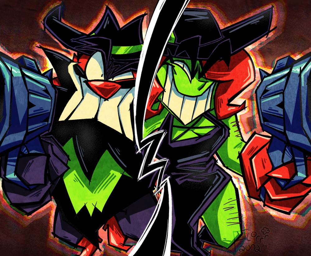 Fanart of Anton and Annie from AntonBlast in their gun transformation outfits. They are grinning wickedly while pointing revolver guns