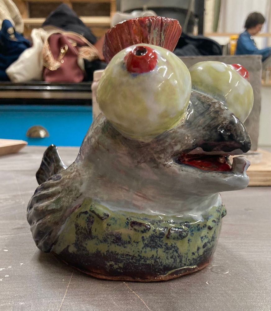 Ceramic sculpture of Lil’ Buddy small fry salmonid from Splatoon