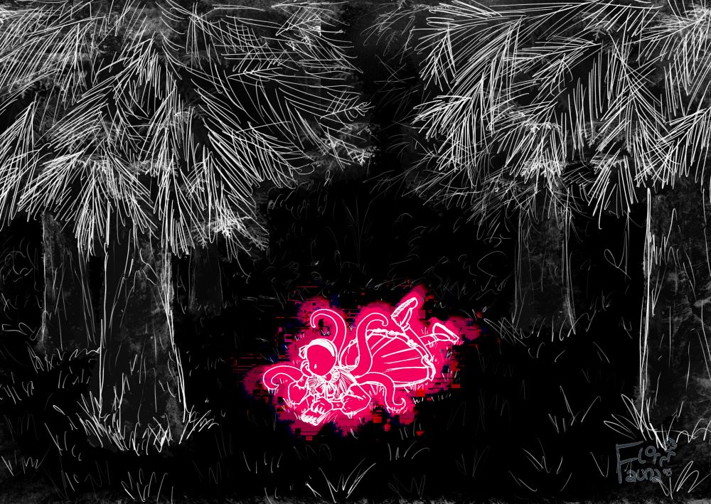 Art of a black and white roughly sketched forest with a Monster High-styled daughter of Slenderman lying on her stomach, propping her head up with her hand, and kicking her legs as she draws on a notepad. 