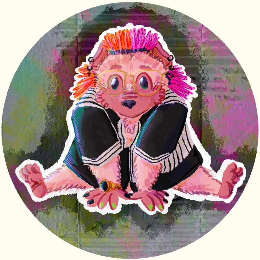 Art of an anthropomorphic hedgehog with split-dye orange and pink hair spines, gold aviator glasses, ear and nose piercings, a stripped button up, gold watch, and black and green nails. They sit with their legs stretched out and their hands in front of them placed on the ground, staring blankly at the viewer. 