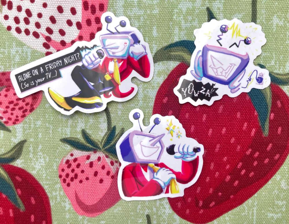 Photo of three Tenna from Deltarune stickers on a strawberry backdrop