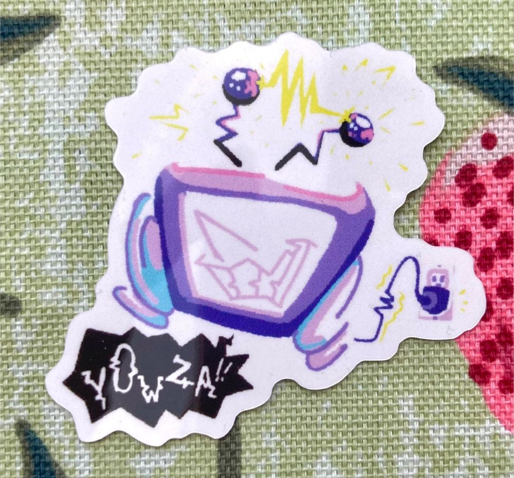 Photo of a sticker of Tenna Deltarune plugged into a wall, holding the sides of his head, getting zapped as he says “YOWZA!!”