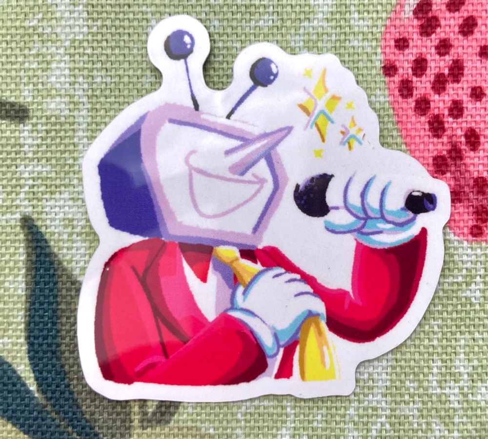 Photo of a sticker of Tenna Deltarune plugged into an outlet and getting shocked, a speech bubble that says "YOWZA!!" under his head