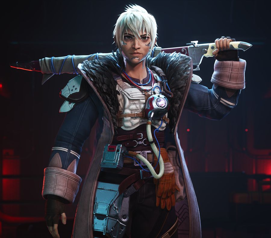 White haired space pirate holding a sword behind their back. They're wearing a coat with a large collar covered in feathers and have a mechanical heart over a tactical vest.