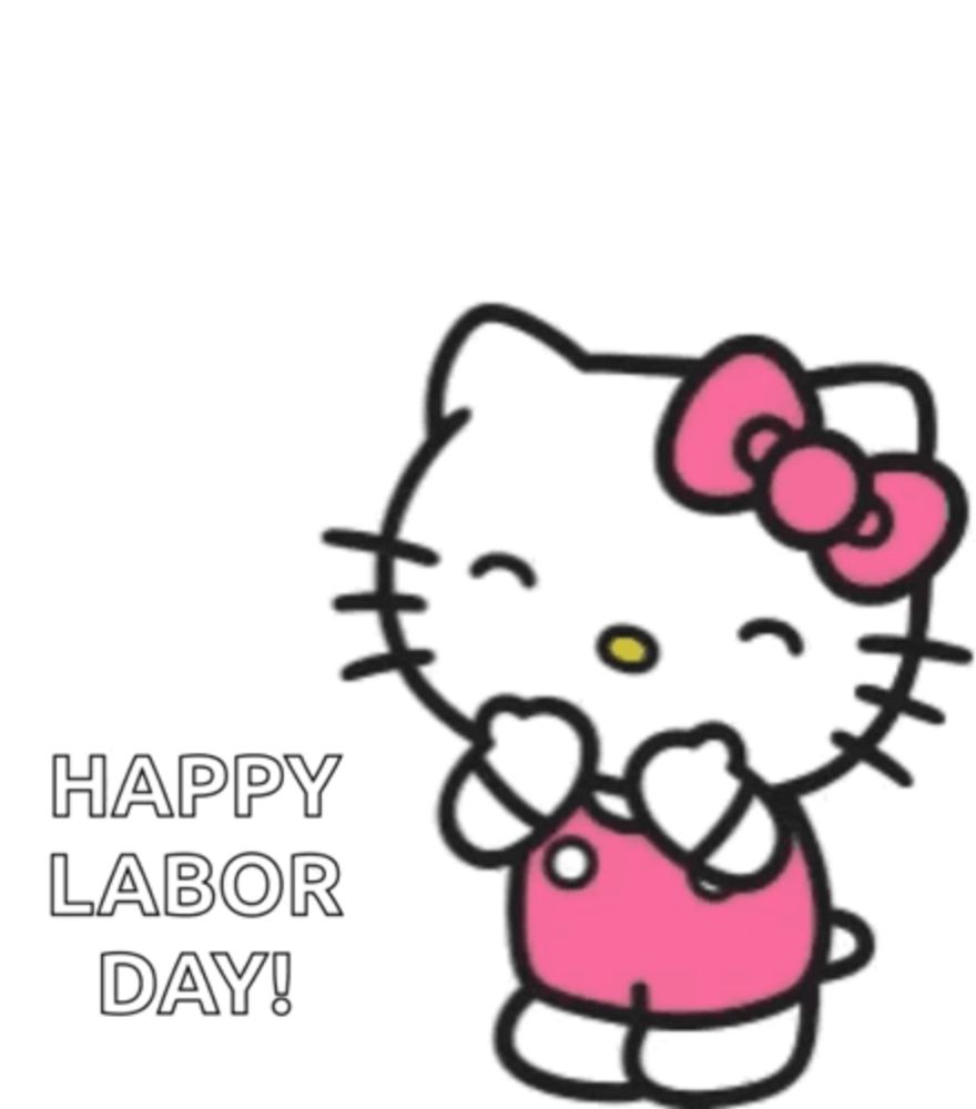 hello kitty is wearing a pink dress and bow and says happy labor day