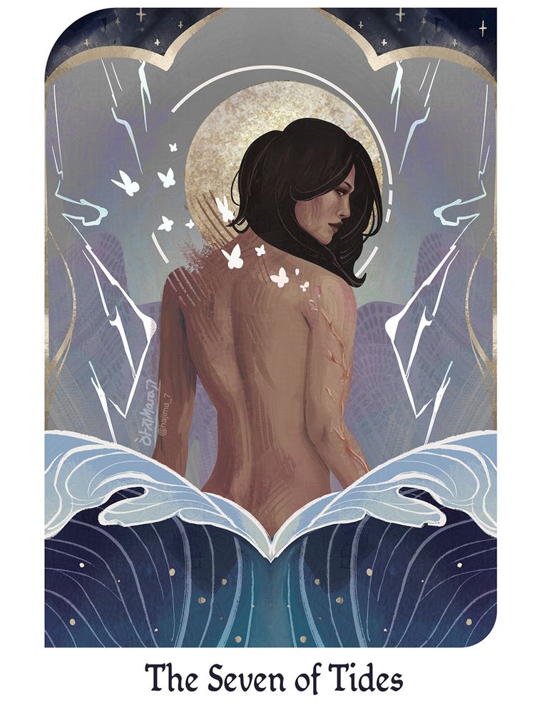 digital painting of a human Inquisitor from Dragon Age Inquisition. Her back is facing the viewer, while looking over her shoulder. She has short dark brown hair. The background is blue and purple tones with gold details. In front of her are 2 symmetrical stylized dark blue waves. The entire drawing has a white border, and at the bottom side it is written "The Seven of Tides" 