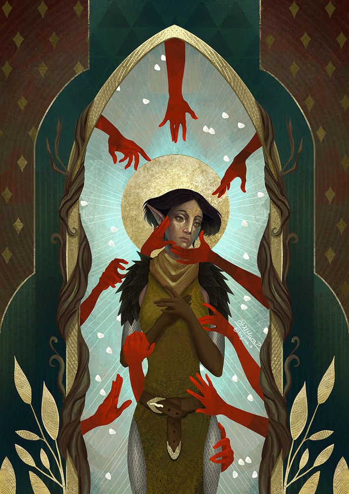 digital painting of Merrill from dragon age 2 in the dragon age inquisition tarot style. she is standing in front of the eluvian, looking to the side. there are red hands reaching out to her from the mirror. the background is green and brown, with golden details.