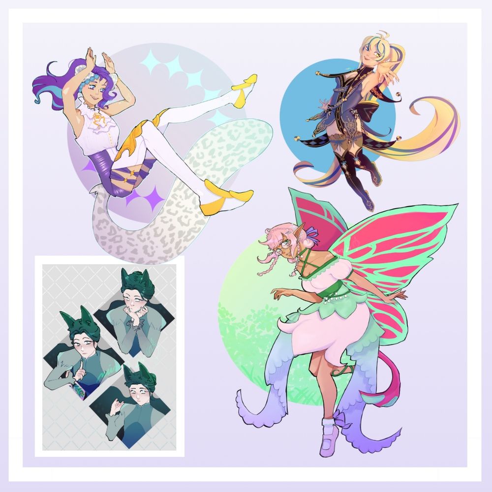 A page showing off multiple commissions done by the poster. The the top left is a character with a snow leopard tail, who is making cat ears with her hands and smiling at the viewer. In the top right, a character with long pigtails is smiling and extending a hand to the viewer. In the bottom right, a character with faerie wings and long flounces of fabric is smiling at the viewer while slightly floating. In the bottom left, there are three bust images of a miqote (cat person) from FFXIV. In one he is holding his head in his hands, in one he is making a “shh” type motion, and in one he looks as though he has just recently moved his hair out of his face and not yet put his hand down. 