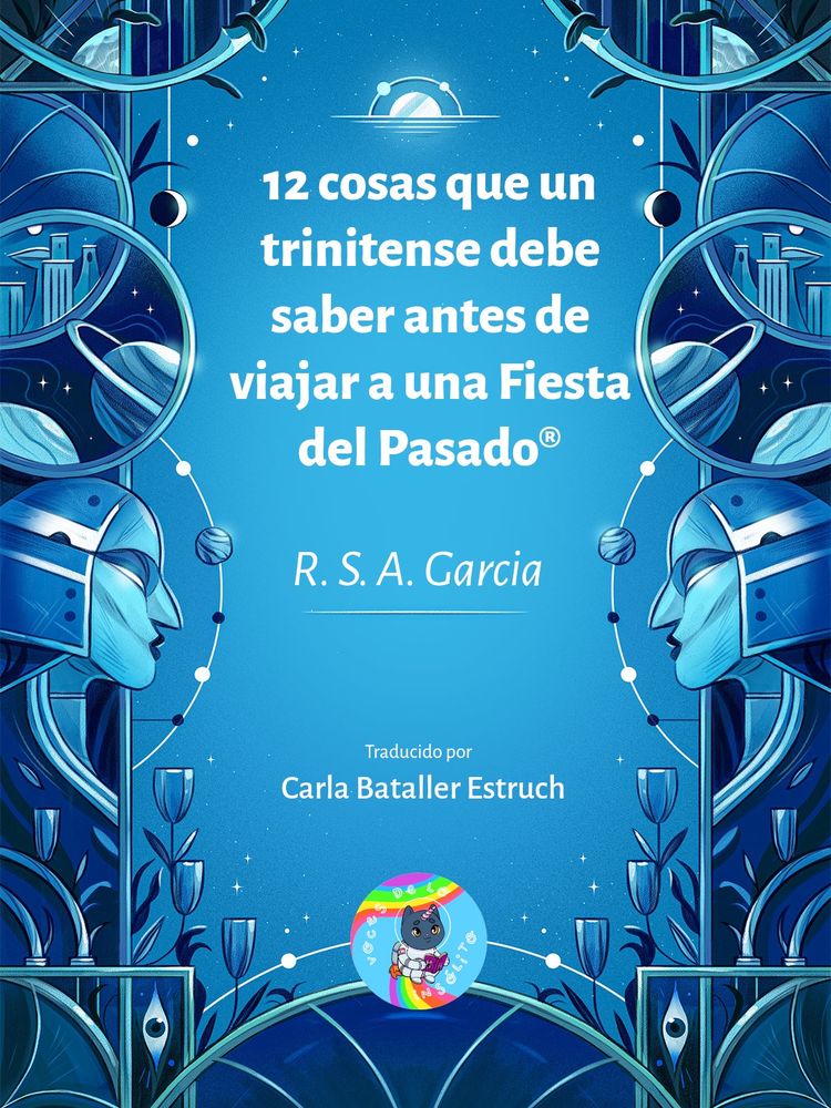 Cubierta con el fondo azul degradado; en el centro se ve más claro y se va oscureciendo hacia los bordes. En el centro aparece el título del relato, seguido del nombre de la autora y, en la parte inferior, el nombre de quien lo ha traducido y el logo de Voces de lo insólito. Los detalles están por los bordes de la cubierta, como en una especie de marco. Hay flores azules, con un aspecto similar a los tulipanes. Las figuras principales son dos seres azules con pinta de humanoides, pero con cascos. Encima aparecen esferas donde se ven ciudades, edificios y planetas. Todo ello está adornado con estrellas, lunas, planetas y hojas. 