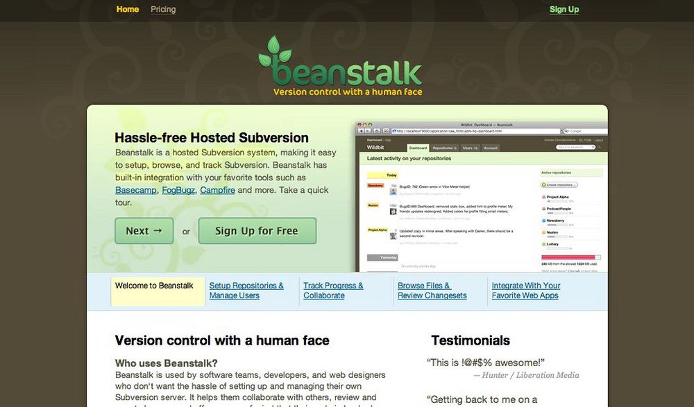 A screenshot of Beanstalk SVN landing page from 2006