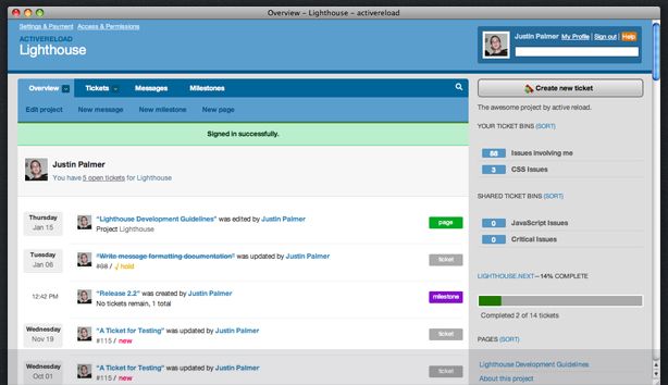 A screenshot of Lighthouse issue tracking app back in 2006