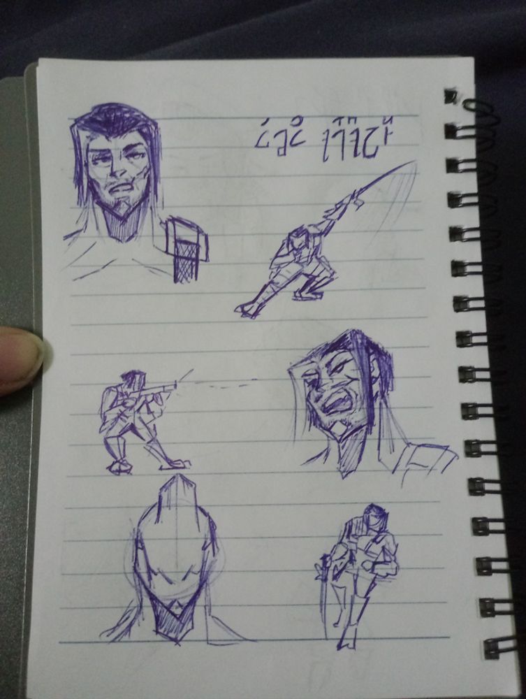 A full page of hand drawn sketches and small poses of Arthur Nightingale, the Excalibur Protoframe from Warframe: 1999. His name is written in Orokin script in the top right. He is posed after a wide swing of his Skana longsword in the top right, posed firing the AX-52 assault rifle from the same angle used to introduce him in the Whispers In The Walls quest and posed as if leaned against a counter as he appears in Höllvania Central Mall, Skana longsword held on the ground.