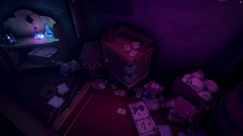A close up picture of the flipped card table, with all cards spread among the furniture and ground. Among them we see all past cards used for previous warnings like Ancient, Death and Resurrection.
