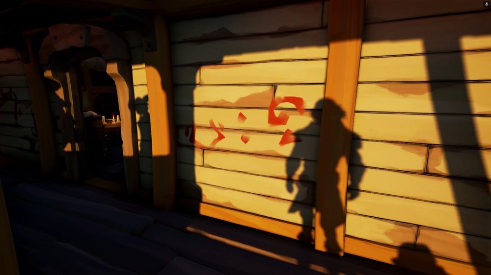Red painted Skeleton Tunes drawn at the side of the Tavern at Sanctuary Outpost.

They can be partially translated to:

GLORY TO (Old unknown rune that has been featured in multiple Reaper's Bones cosmetics and loot)