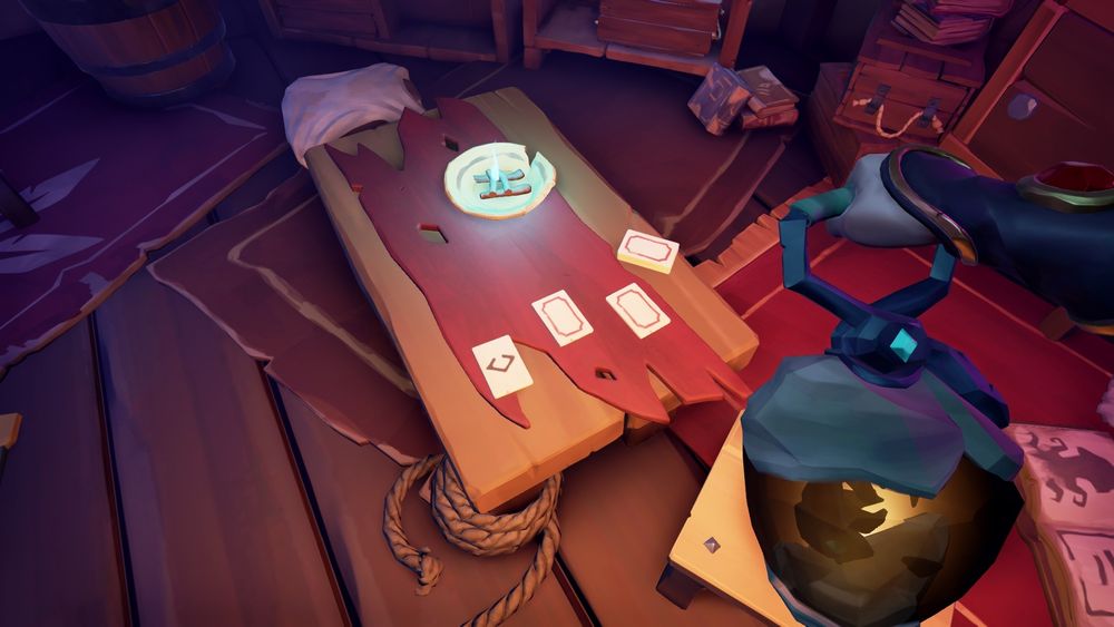 An image displaying three cards of a wicked dark deck upon a small table. Only one of these is flipped, revealing what rune experts have described as in the past as "vessel" or "gem" shaped.
