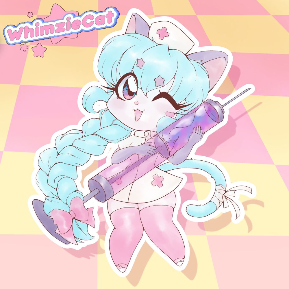 Chibi nurse catgirl with blue hair holding an oversized syringe with purple liquid inside. 