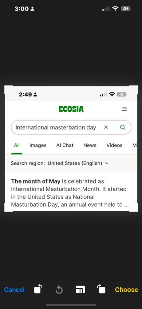
Yes I use Ecosia to search! 👀 apparently it plants trees I don’t know how legit but here’s the article . 
https://en.wikipedia.org/wiki/International_Masturbation_Month