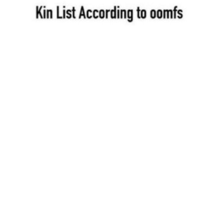 White rectangle with black text that reads "Kin List According to oomfs"