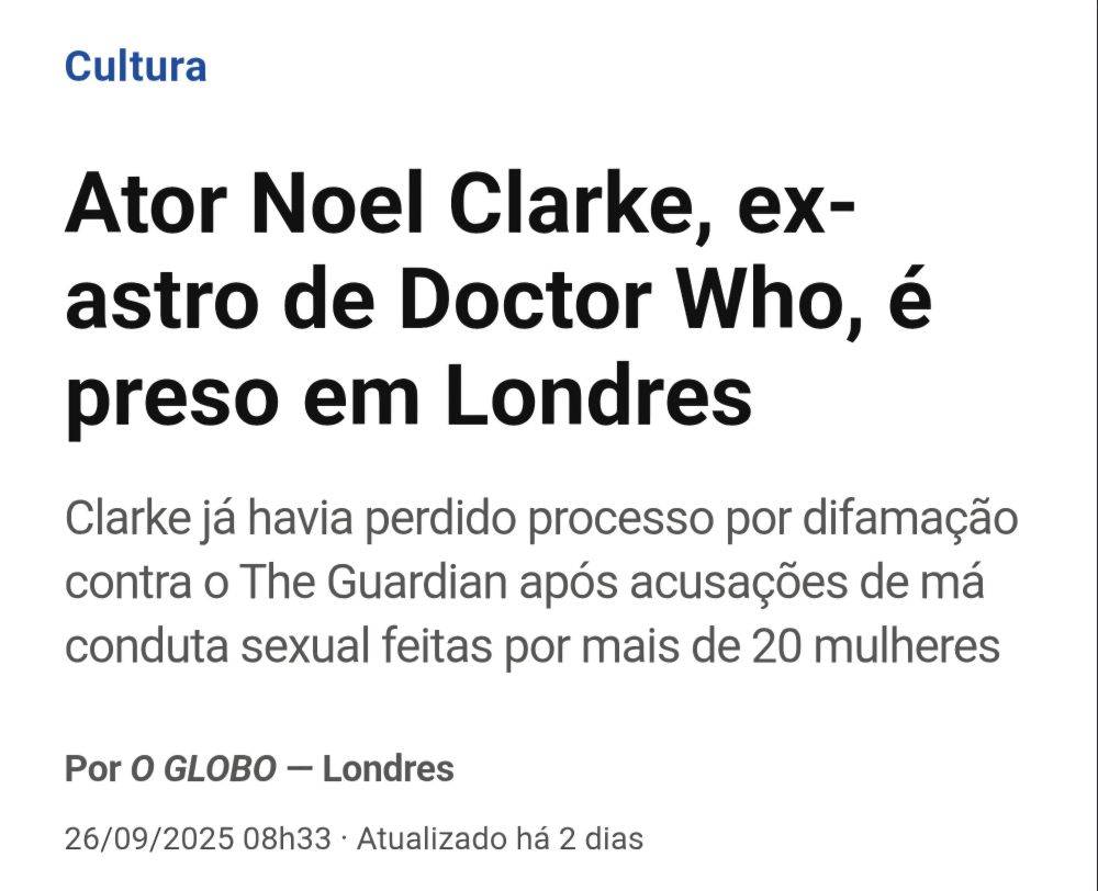 Imagem da matéria do jornal O Globo falando que Noel Clark foi preso em Londres