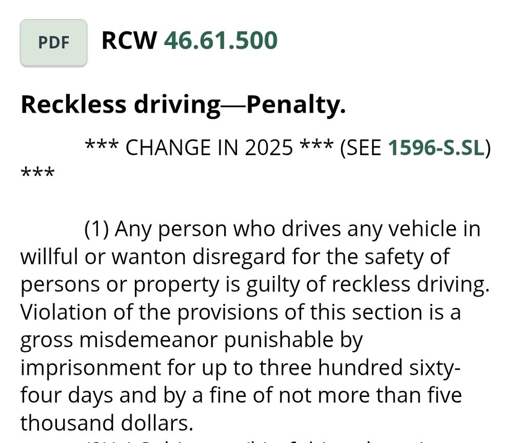 Revised Code of Washington section 46.61.500, Reckless driving - Penalty