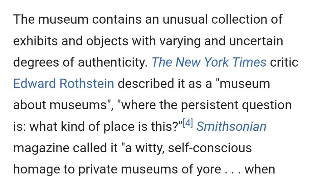 Wikipedia entry describing the Museum of Jurassic Technology in Los Angeles as a "museum about museums"