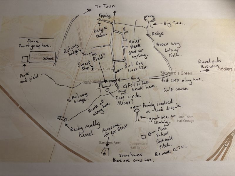 Printed portion of Ordnance Survey Mastermap with addition of childhood memories