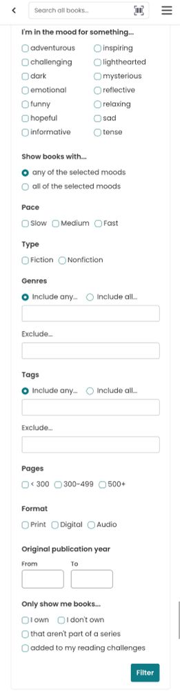 Screenshot of storygraph filter for TBR pole including all filter options 