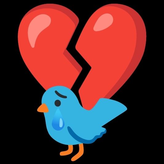 Emoji of a broken heart and a crying blue bird