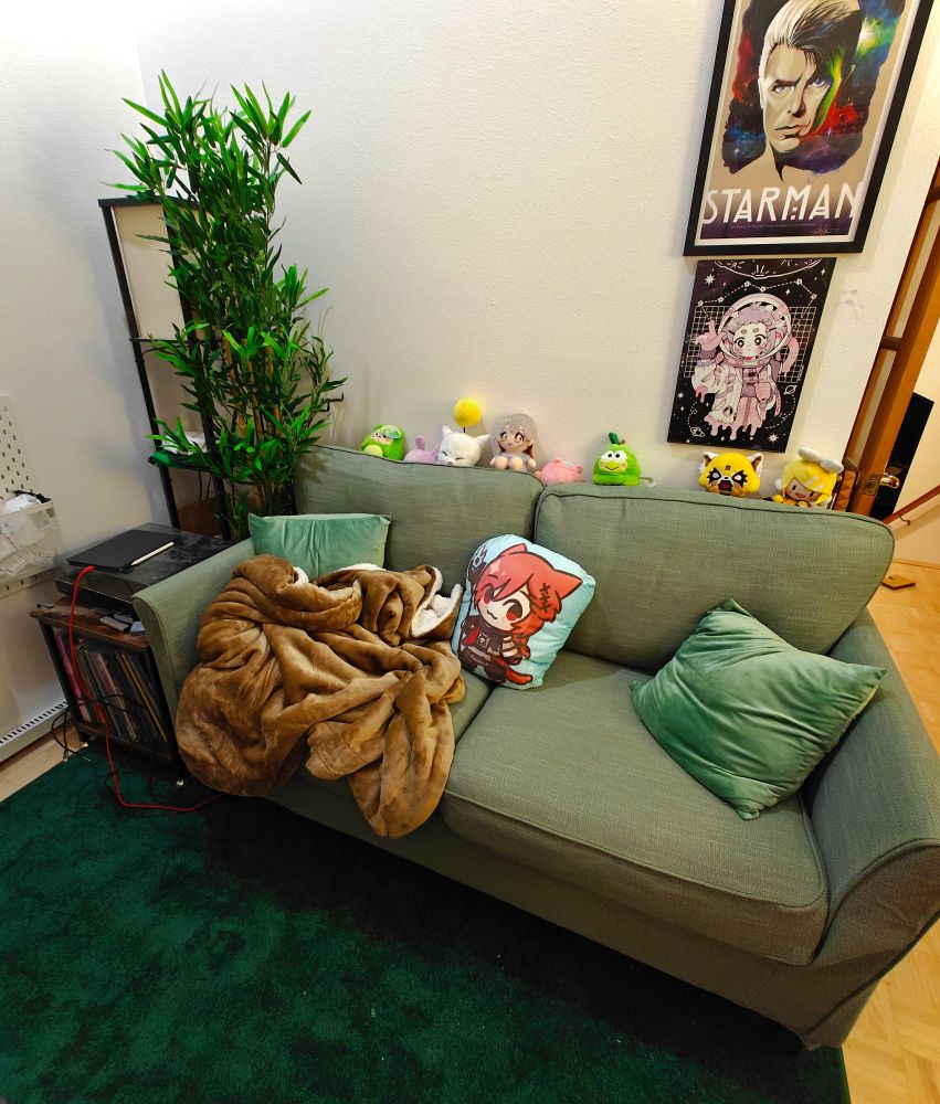 An olive green loveseat with sage green throw pillows, a brown blanket, and a pile of small plushies along the back. Sitting on top of the green rug I got a few days ago. Next to the couch is a record player and small vinyl collection, a fake bamboo plant, and a standing lamp.