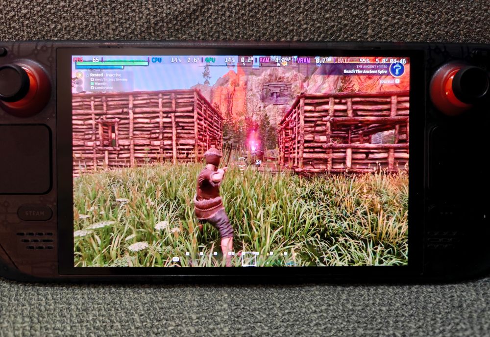 Steam Deck running Enshrouded at 65 FPS (though choppy) with the power draw at 5.8W.