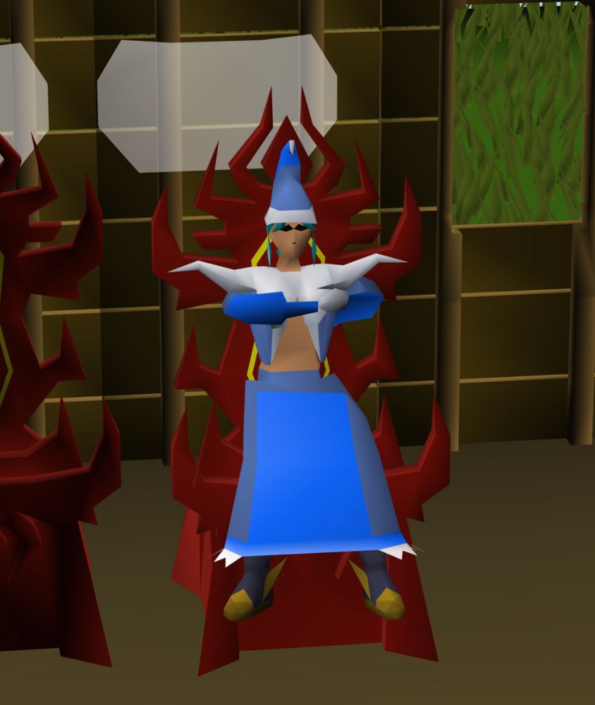 My character in Old-School RuneScape sitting on a demon throne.