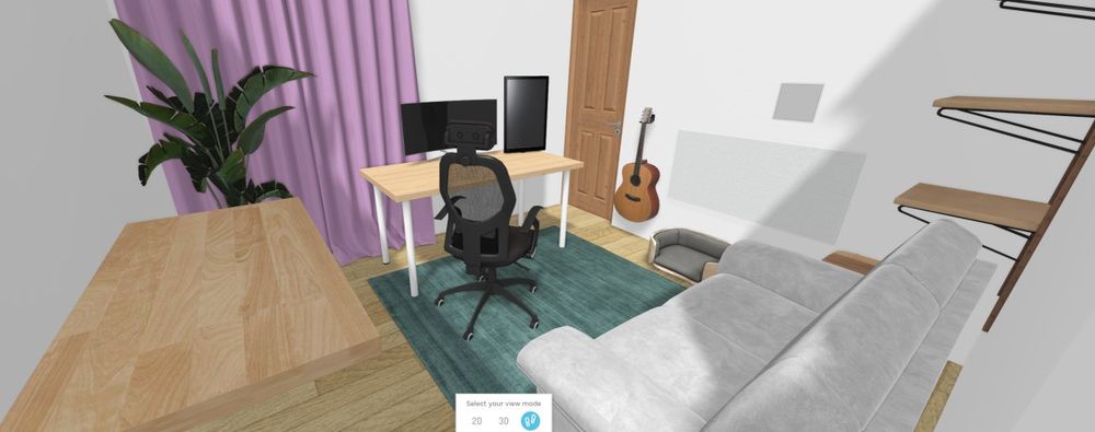 3D render of my office from the back corner, showing my desk, PC setup, a fake plant, a workbench, a guitar, a cat bed, some shelves, a pegboard, and a couch.