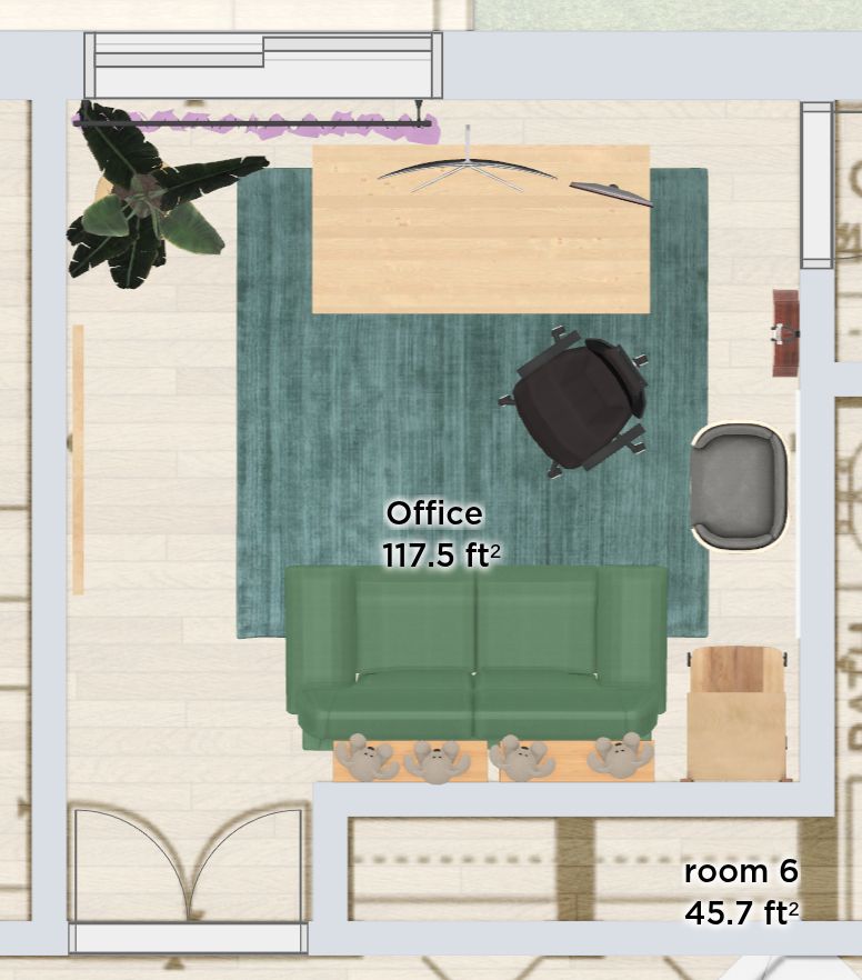 Top-down 2D view of my office showing a fake plant, collapsible workbench, desk, chair, rug, couch, shelves, cat bed, and a few other things.