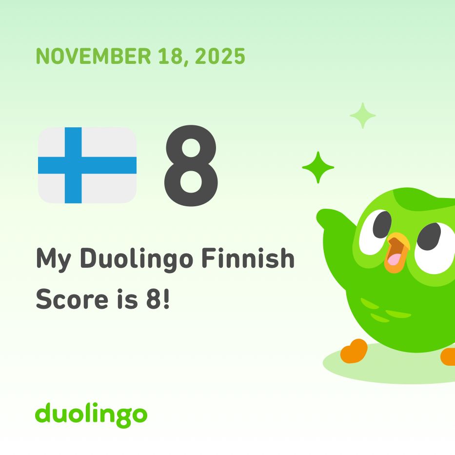 An achievement badge from the Duolingo app stating “My Duolingo Finnish score is 8!”
