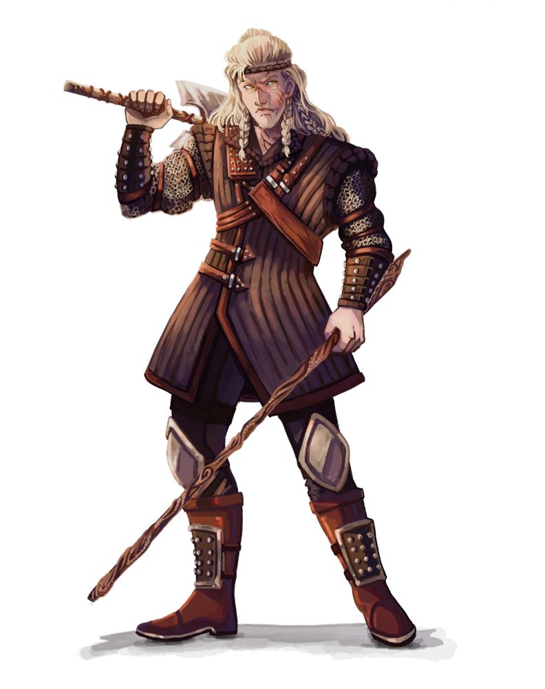Fullbody painting of a man in fantasy padded, leather, and studded armor. He has long, light hair, yellow eyes, a handaxe as a weapon in one hand, and a long, thin cane in his other hand.