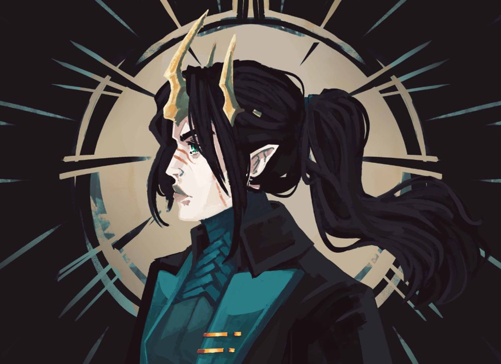 My profile picture! A side-view portrait of my OC Inau, an androgynous-looking woman with pale, scarred skin, elf ears, long black hair, and crown of dragon bones, and a fancy teal/black suit. There's a bursting halo pattern behind her.