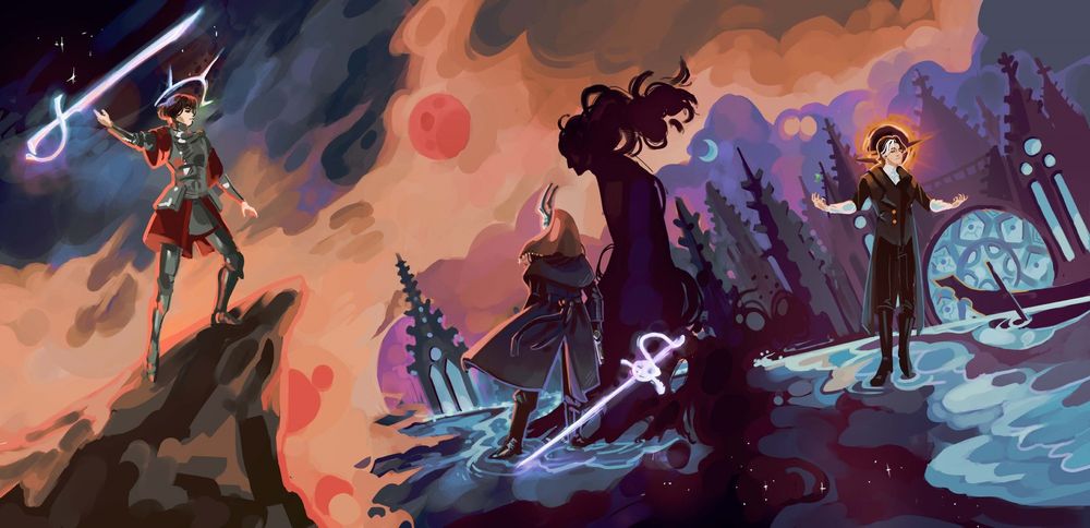 Somewhat abstract piece representing characters and scenes from my book TTFOD. On the left is a woman in armor summoning a levitating astral falchion. In the middle is a man in a coat and mask, with a floating magical rapier and a shadow entity behind him. On the right, standing on water among steeples and stained glass, is a person in dark clothes and with a black hole looking halo.