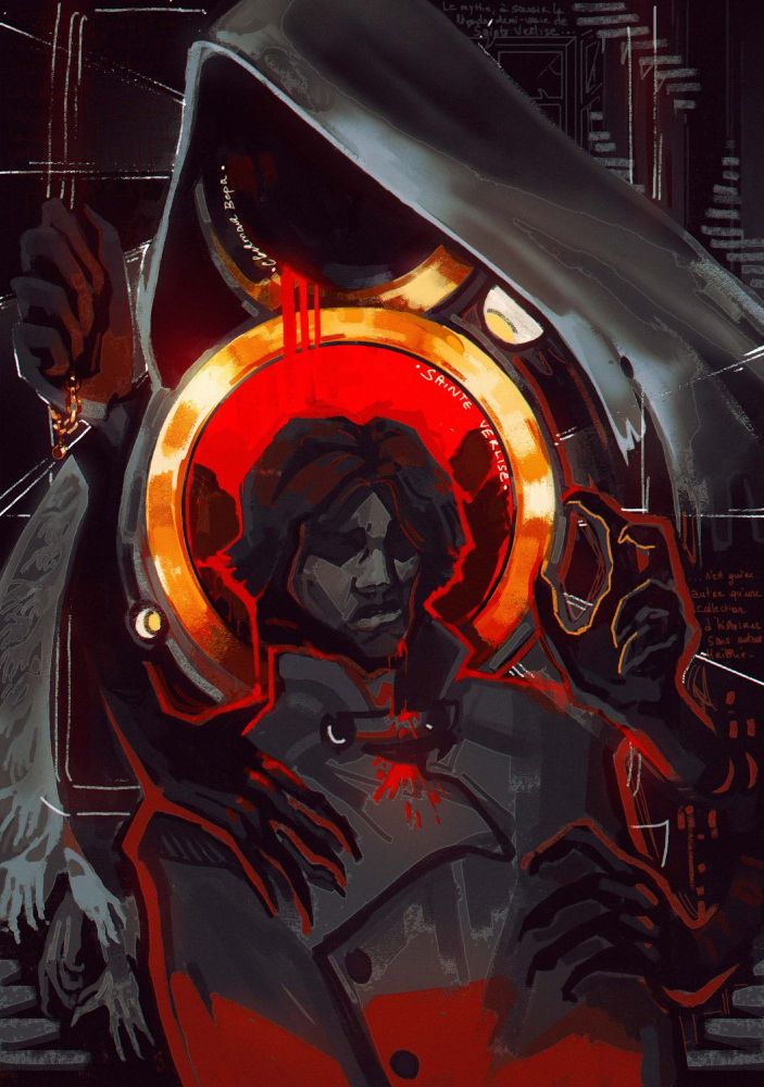 Illustration for my book CHD, featuring a person haloed by the lens of an antique camera. The lens is filled with a bright red light, like a dark room. Around the lens and the man is a vague impression of a hood (no face inside) and multiple dark hands reaching out of the shadows.