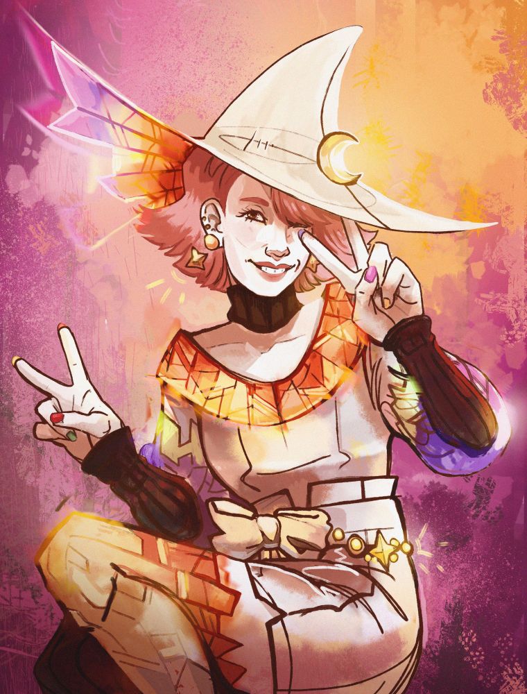 Artfight art of a colorful witch dressed in black, white, and rainbow stained-glass-themed clothing.